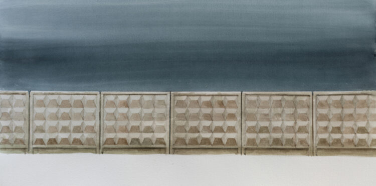 Water colour of a concrete wall in a snowy landscape