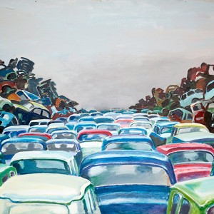 Gerhard Nordström, Bilsamhället, olja på pannå, årtal okänt, 67x88 cm. Foto: Emelie Carlén