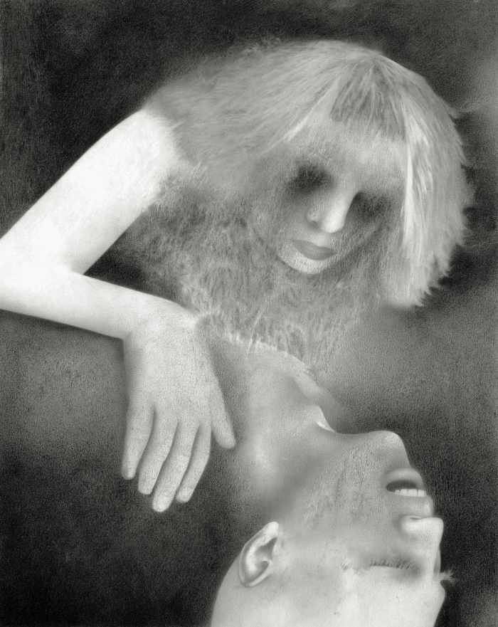 G. Karin Andersson. Utan titel (Två ansikten), blyertsteckning, 14,8x18,6 cm, digitalprint 127x161 cm