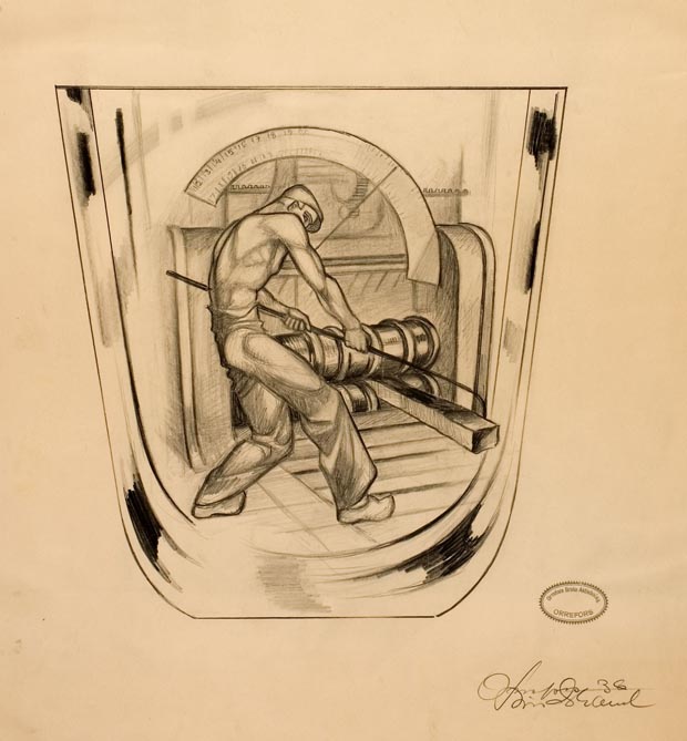 Skiss av Vicke Lindstrand 1936 till graverad hedersgåva, Orrefors glasbruk, skissen tillhör Glasrikets Skatter Orrefors
