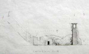 Jussi Kivi Romantic Geographic Society - Cave research department - Department of Subterranean Landscapes; The Rutola Bunker, Lappeenranta, East-Finland, cross-section J-N, pencil 2008 (detail).